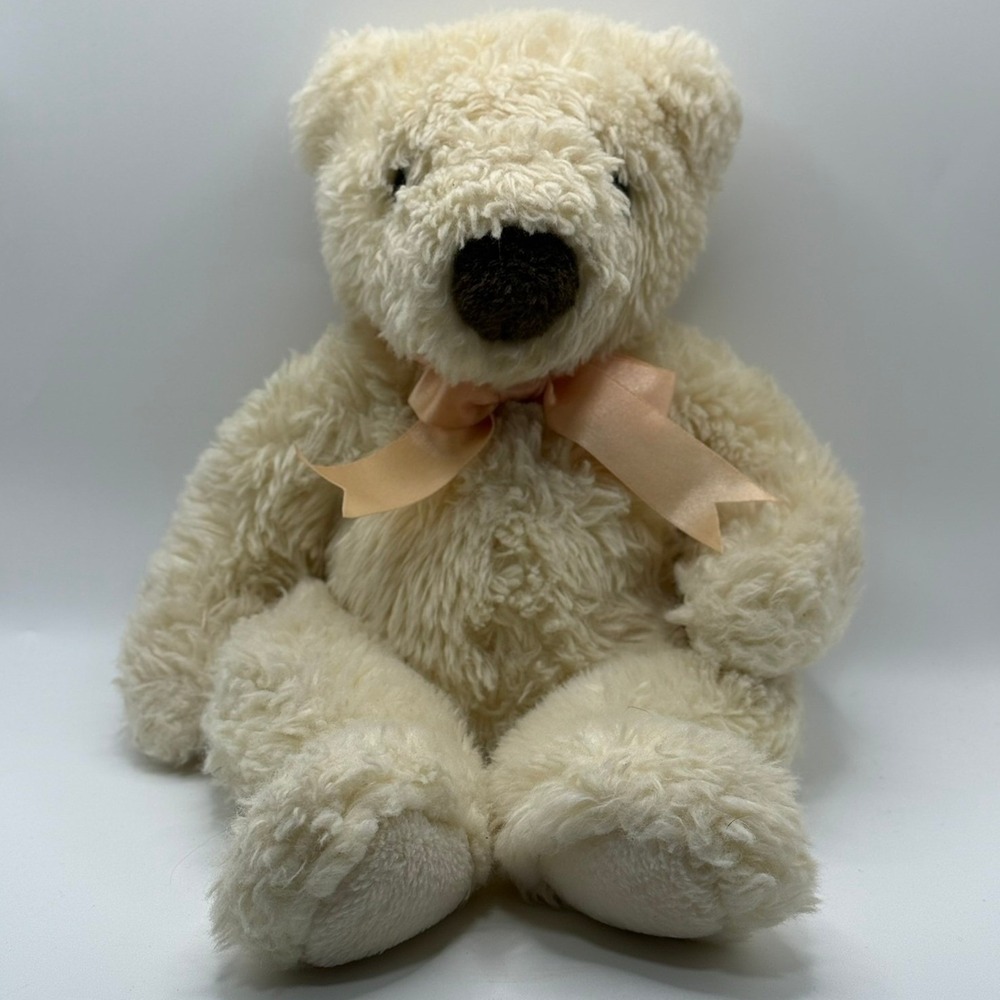 Ty Classic Cream Teddy Bear Plush Shaggy Fur Peach Ribbon 1996 Vintage 14 inch
